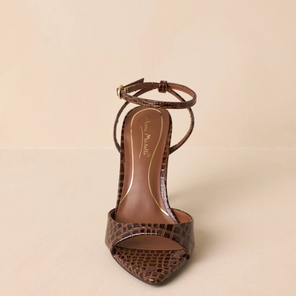 New Brown Crocodile Embossed Pointed Open Toe Stiletto Heel Sandals Ankle Strap - Picture 7 of 7